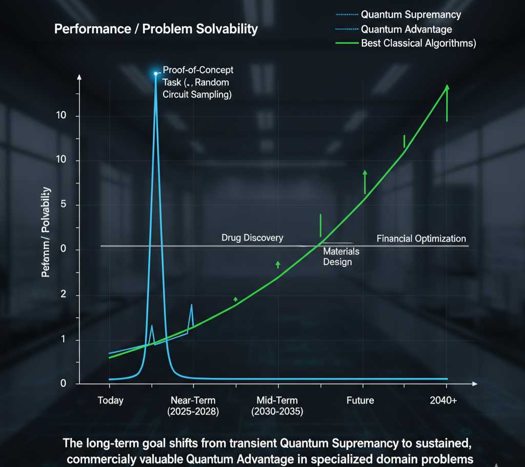 The long-term goal shifts from transient Quantum Supremacy to sustained, commercially valuable Quantum Advantage in specialized domain problems.