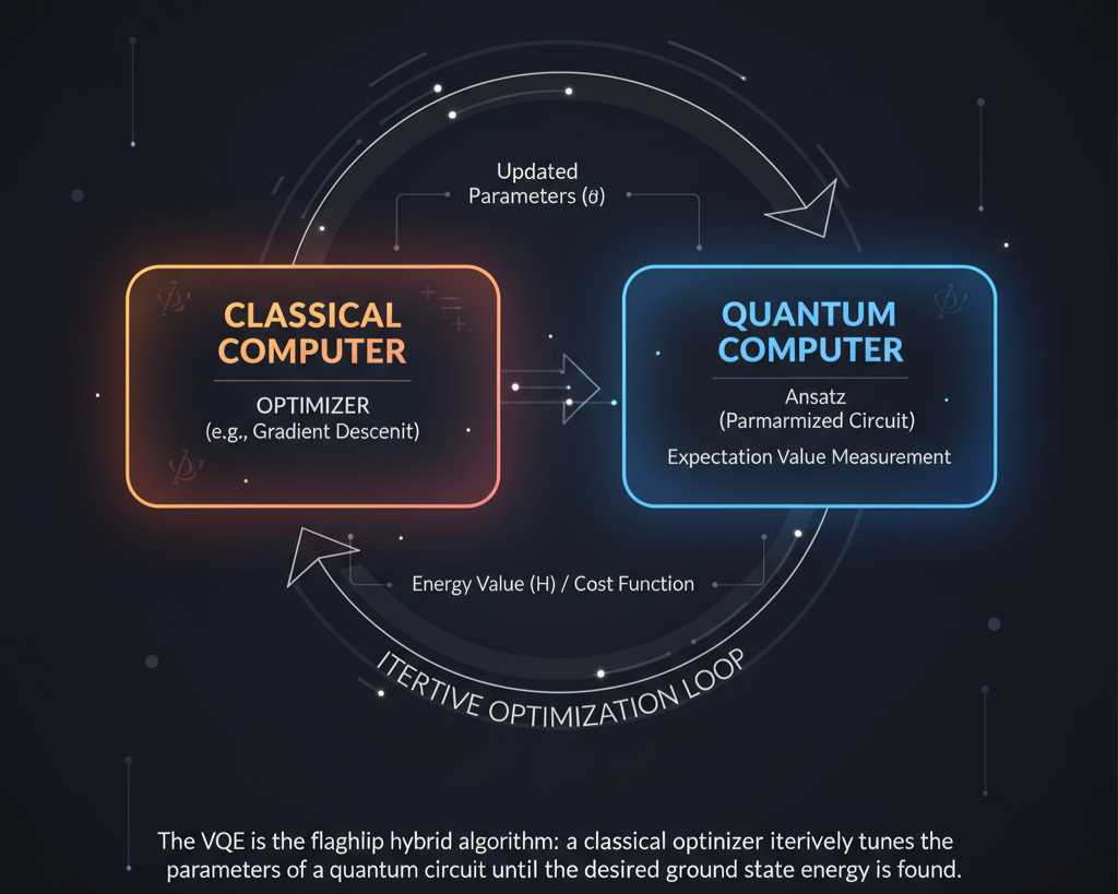 The VQE is the flagship hybrid algorithm: a classical optimizer iteratively tunes the parameters of a quantum circuit until the desired ground state energy is found.